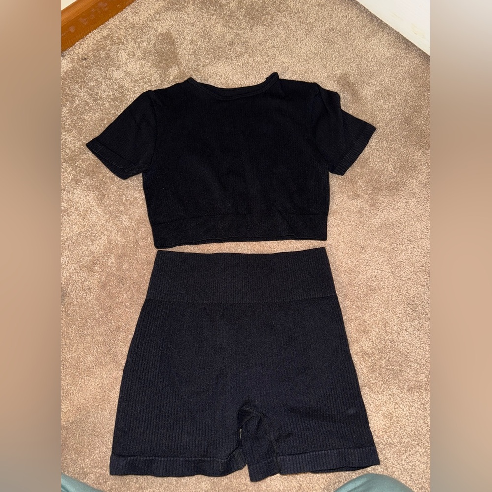 Black Ribbed Women's Shorts Set